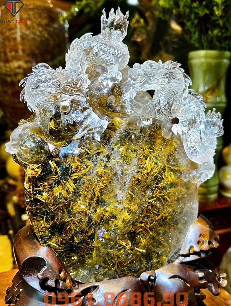 Tượng rồng song long nhả ngọc thạch anh tóc vàng