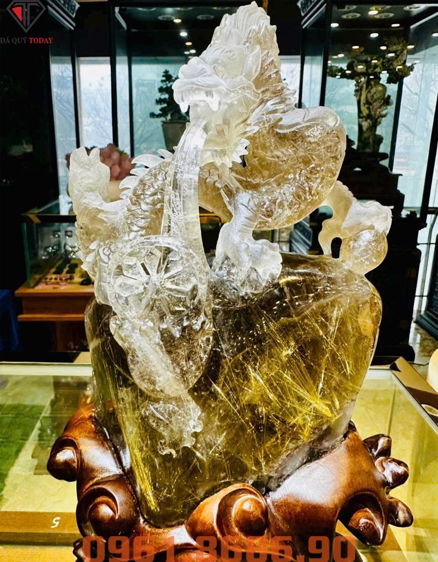 Tượng rồng đá phong thủy thạch anh tóc vàng