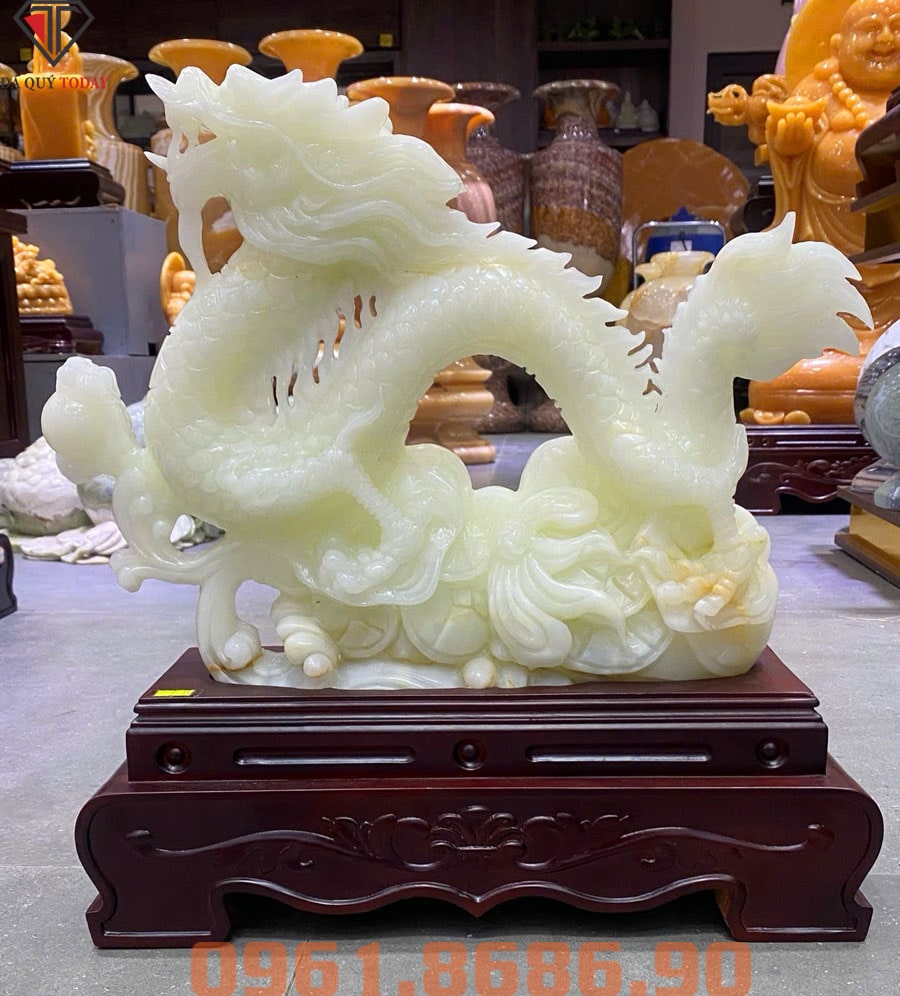 Tượng rồng đá phong thủy nhất long chầu ngọc bằng ngọc onyx trắng
